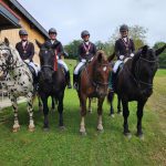 Vier Reiterinnen des URC Waidach mit Medaillen auf Noriker- und Haflinger-Pferden draußen